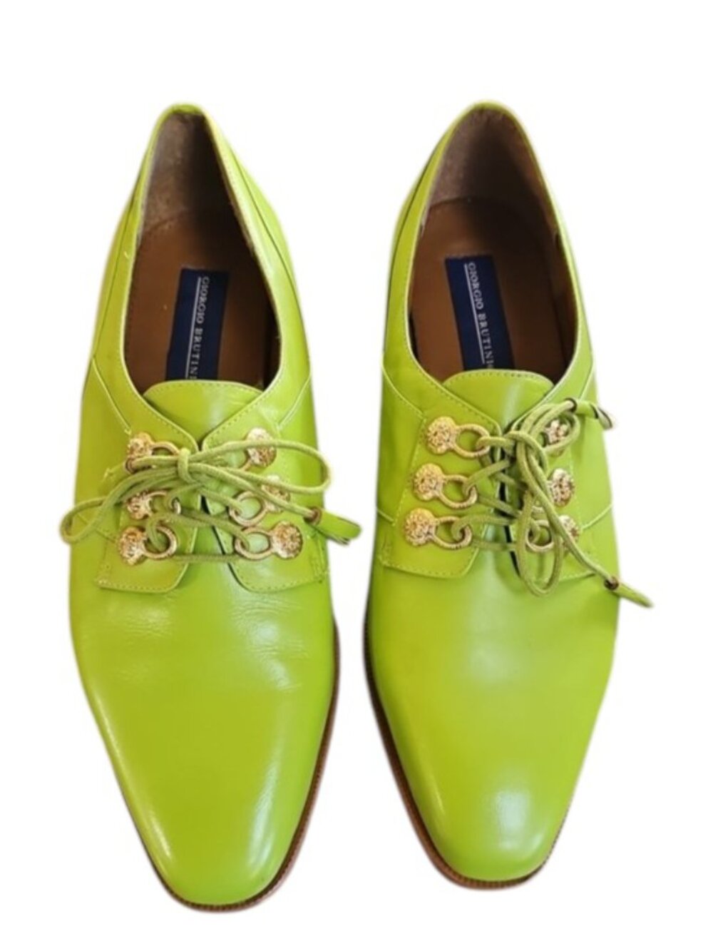 Giorgio Brutini Lime Green Leather Oxfords Gold Lion Eyelet Dress Shoes not worn